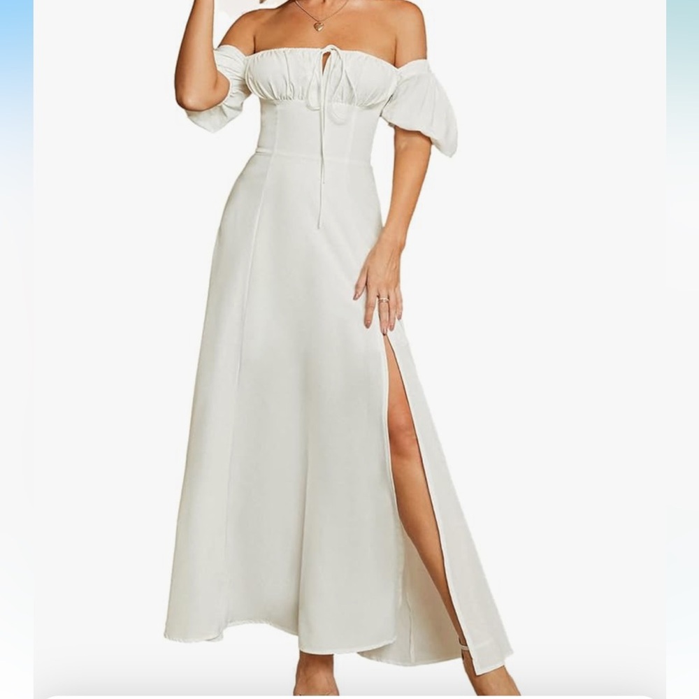 White Off-Shoulder Puff Sleeve Gown with Slit